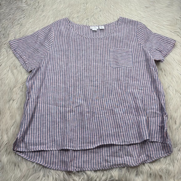 Nicole Miller Tops - Nicole Miller Women's XL Blue Red White Striped Linen Pocket Tee Top Coastal 4th